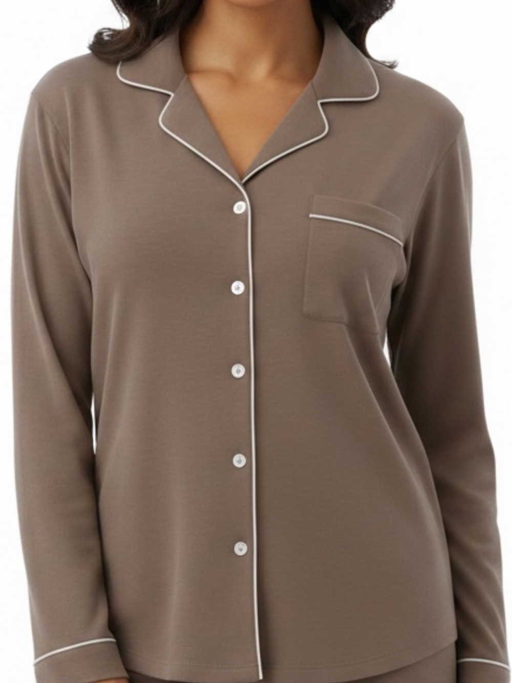 Classic Long-Sleeve Taupe Pajama Top with Contrast Piping